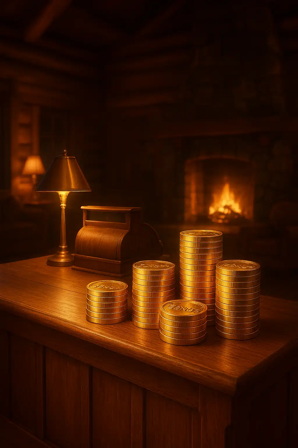 Maple lodge cashier desk glowing with bonus coins and a stone fireplace in the background