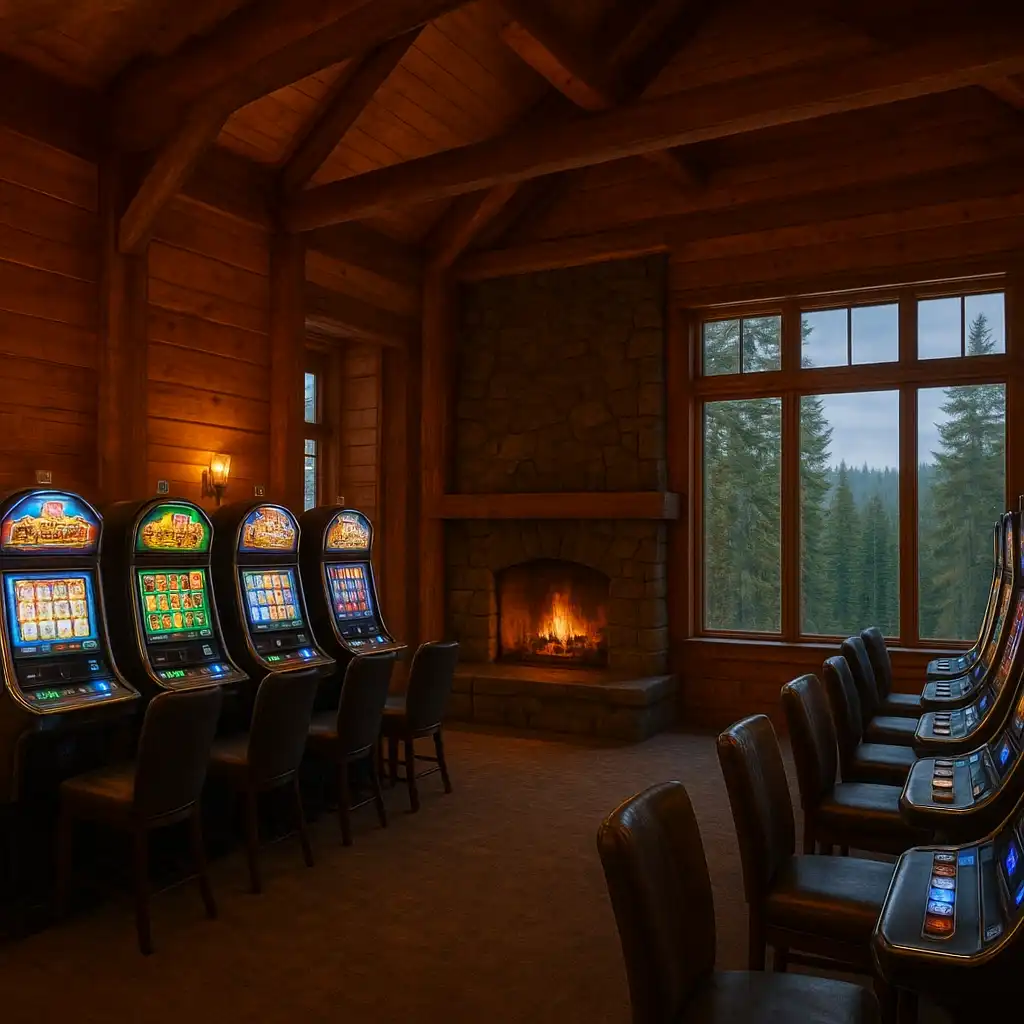 Maple timber casino lodge interior with glowing slot machines and a stone fireplace