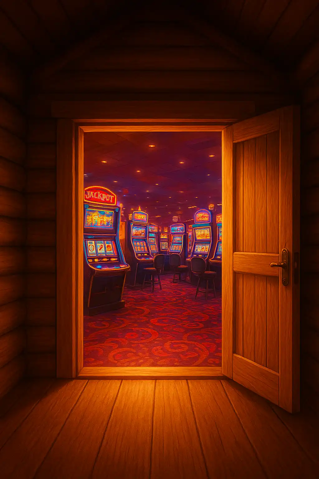 A wooden cabin doorway opening onto a glowing slot floor, symbolizing instant lodge entry