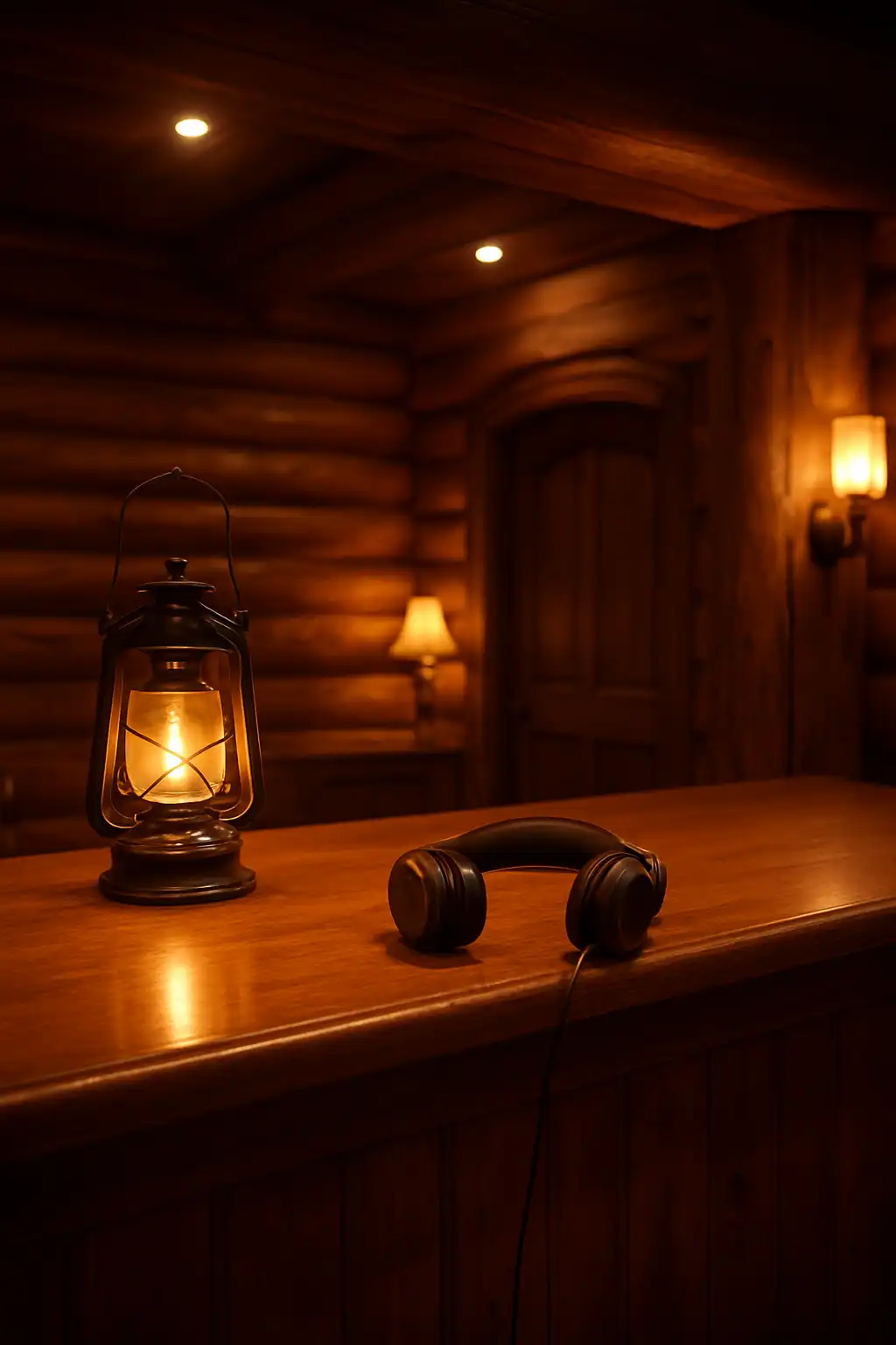 Cabin support desk with a warm lantern and a headset resting beside a wooden counter